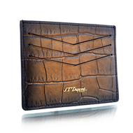 Angled front panel view of the light and dark brown card case.