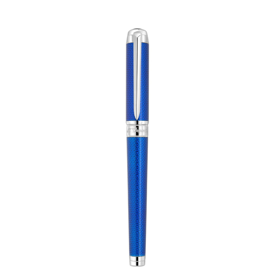 Front view of the blue lacquer and guilloche pen with the cap on. 
