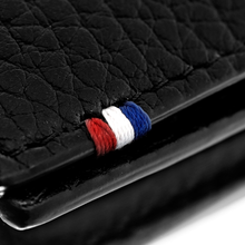 Load image into Gallery viewer, S.T. Dupont Grained Neo Capsule 4-Card Vertical Wallet:  Flag Stitch Close Up

