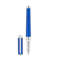 Load image into Gallery viewer, Front view of the blue lacquer and guilloche rollerball pen with the cap next to it.
