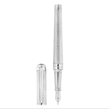 Load image into Gallery viewer, Front view of the palladium and guilloche fountain pen with the cap next to it
