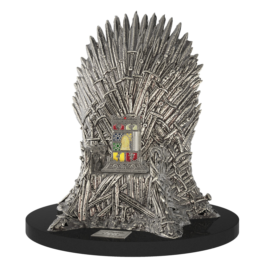 Angled view of the lighter set on its stand, which is designed after the iron throne of the series.