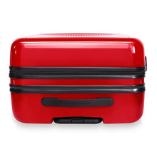 Load image into Gallery viewer, Top panel view of the red suitcase with black accents. It features a grip handle and a telescopic handle. 
