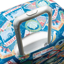 Load image into Gallery viewer, Top view of the suitcase wearing the luggage cover. The top features an opening for the telescopic handle to extend. 
