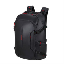 Load image into Gallery viewer, Angled front panel view of the black backpack.
