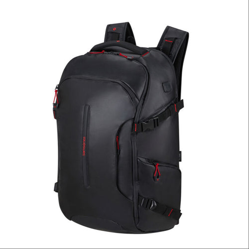 Angled front panel view of the black backpack.