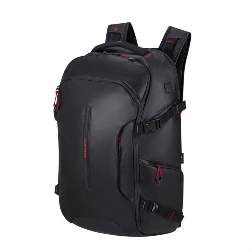 Angled front panel view of the black backpack.