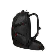 Load image into Gallery viewer, Side panel view of the black backpack with the shoulder straps extended. 
