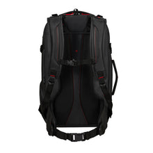 Load image into Gallery viewer, Back panel view of the backpack with the chest and waist straps closed. 
