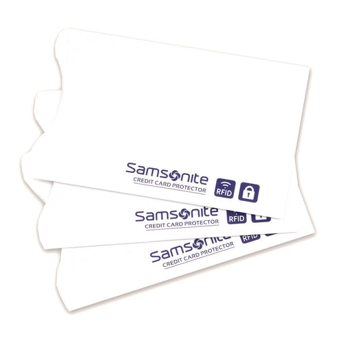 Three white RFID credit card sleeves with the Samsonite brand logo and RFID protection symbols on them.