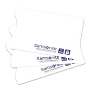 Three white RFID credit card sleeves with the Samsonite brand logo and RFID protection symbols on them.