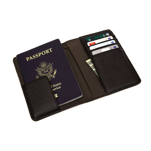 The cover opened, with a passport in the compartment four credit cards and a dollar bill in the pockets.