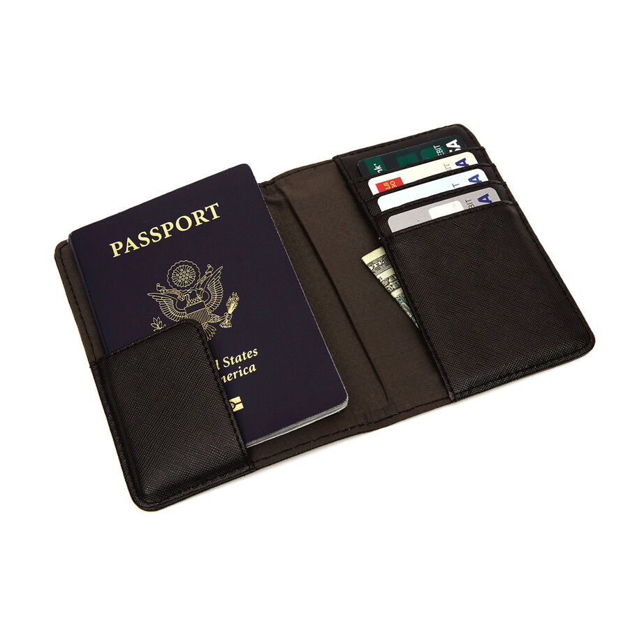 The cover opened, with a passport in the compartment four credit cards and a dollar bill in the pockets.