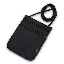 Load image into Gallery viewer, Angled front view of the black RFID pouch. 
