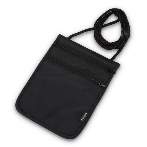 Angled front view of the black RFID pouch. 