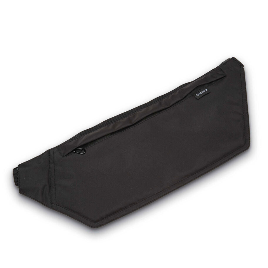 Angled front view of the black waist belt bag. 