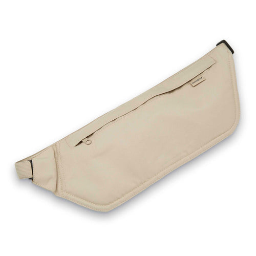 Angled front view of the cream colored waist belt bag. 