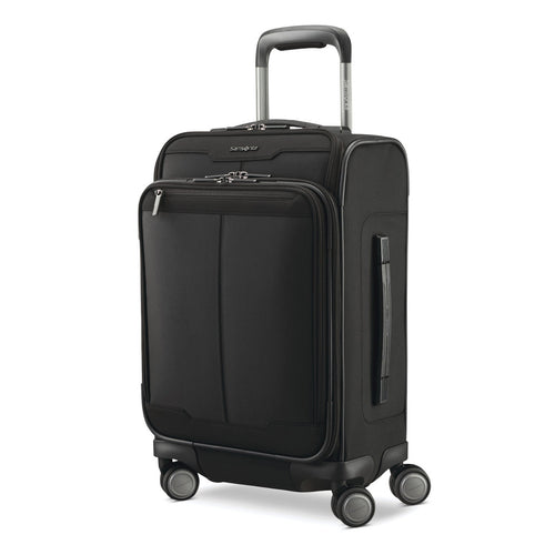 Angled front panel view of the black suitcase with the telescopic handle extended. 