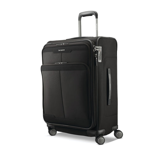 Angled front panel view of the black suitcase with the telescopic handle partly extended. 