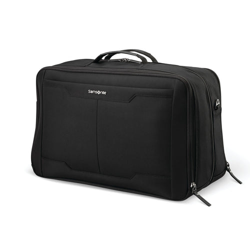 Angled front panel view of the black duffle bag. 