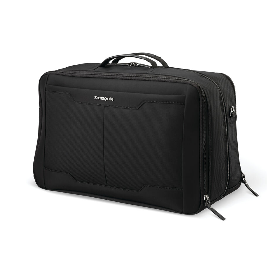 Angled front panel view of the black duffle bag. 