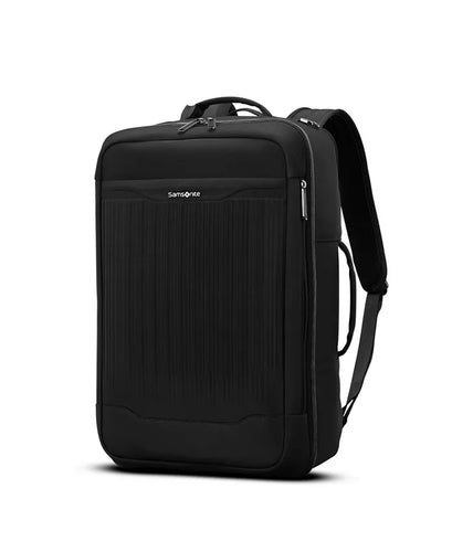 Angled front view of the black backpack.