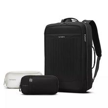 Load image into Gallery viewer, Front panel view of the black backpack arranged with two small bags. 
