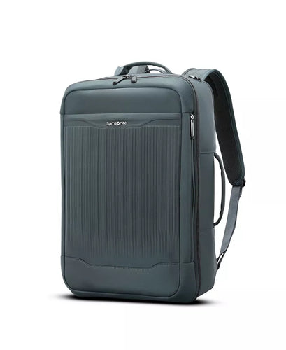 Angled front panel view of the navy blue backpack. 