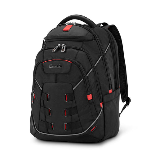 Angled front view of the black backpack. 