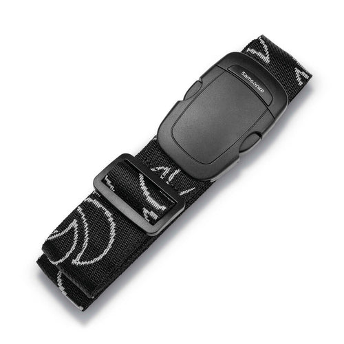 The black luggage strap with gray designs folded and placed on a white background. 
