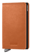 Load image into Gallery viewer, Angled front view of the Basco Slim Cognac wallet. 

