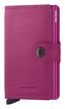 Load image into Gallery viewer, Angled front view of the fuchsia mini wallet. It features a button closing strap. 
