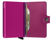Load image into Gallery viewer, Interior view of the fuchsia mini wallet. The aluminum card case is a matching color. 
