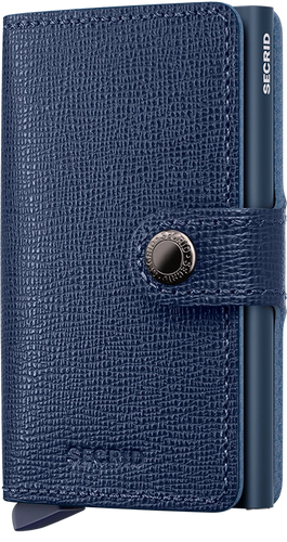 Angled front view of the navy blue mini wallet. A button closing strap is featured. 
