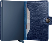 Load image into Gallery viewer, Interior view of the navy blue mini wallet. The aluminum card case is a matching blue. 
