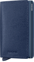 Load image into Gallery viewer, Angled front panel view of the navy blue Crisple Slim Wallet. 
