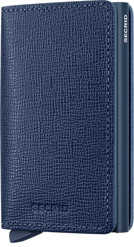 Angled front panel view of the navy blue Crisple Slim Wallet. 