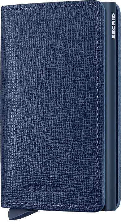 Angled front panel view of the navy blue Crisple Slim Wallet. 