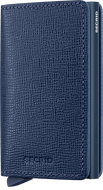 Angled front panel view of the navy blue Crisple Slim Wallet. 