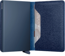 Load image into Gallery viewer, Interior view of the navy Crisple Slim Wallet. 
