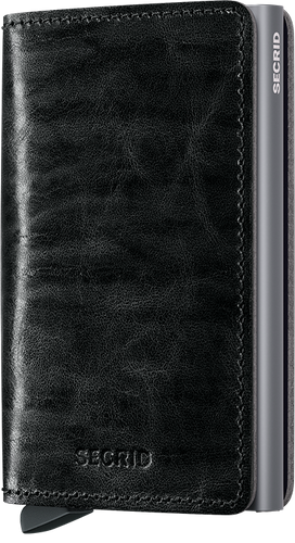 Angled front view of the dark grey slim wallet. 