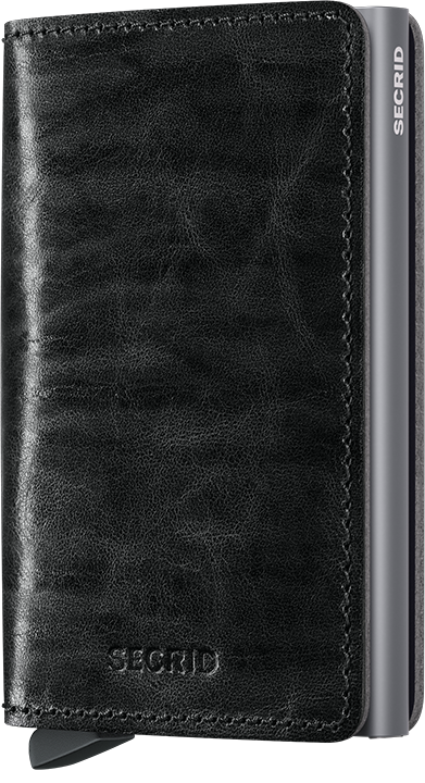 Angled front view of the dark grey slim wallet. 