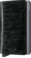 Angled front view of the dark grey slim wallet. 