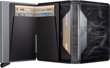 Load image into Gallery viewer, Interior view of the dark grey slim wallet. The back of the aluminum card case 
