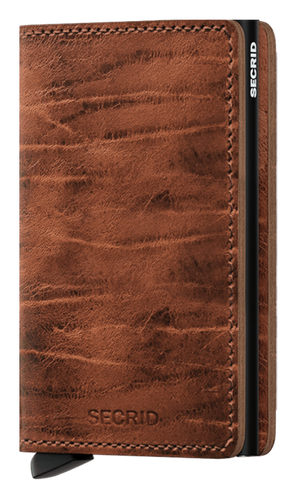 Angled front view of the whiskey slim wallet. 
