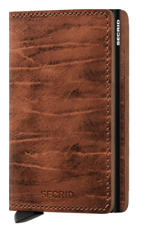 Angled front view of the whiskey slim wallet. 