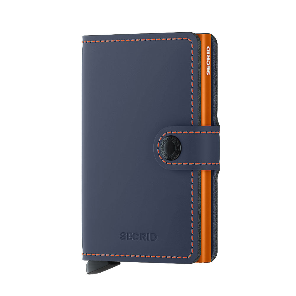Angled front view of the blue and orange mini wallet.