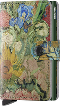 Load image into Gallery viewer, A mini wallet with an artistic floral design featuring a green border and a slot for cards.

