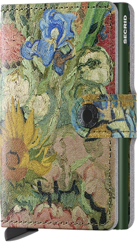 A mini wallet with an artistic floral design featuring a green border and a slot for cards.