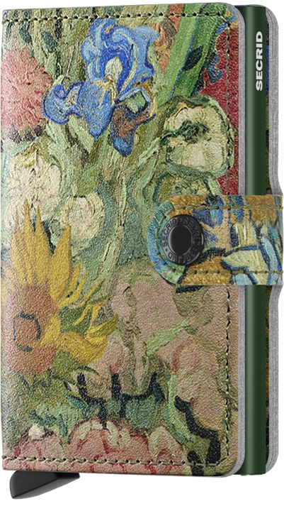 A mini wallet with an artistic floral design featuring a green border and a slot for cards.